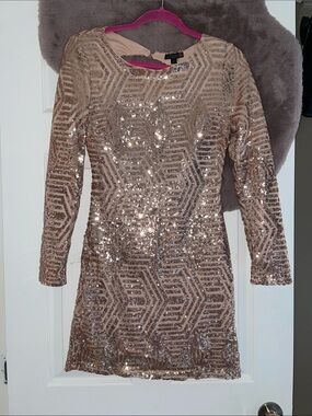 Guess Rose Gold Sequin Long Sleeve Shift Dress